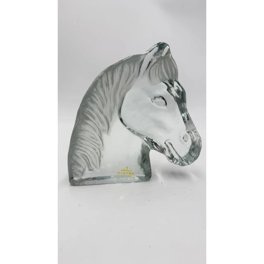 Viking Art Glass Horse Head Frosted Clear Bookend Paperweight Figurine 5.5in